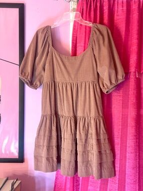American Eagle Corduroy Babydoll Mini Dress Taupe Ruffles Contempo Women’s Large